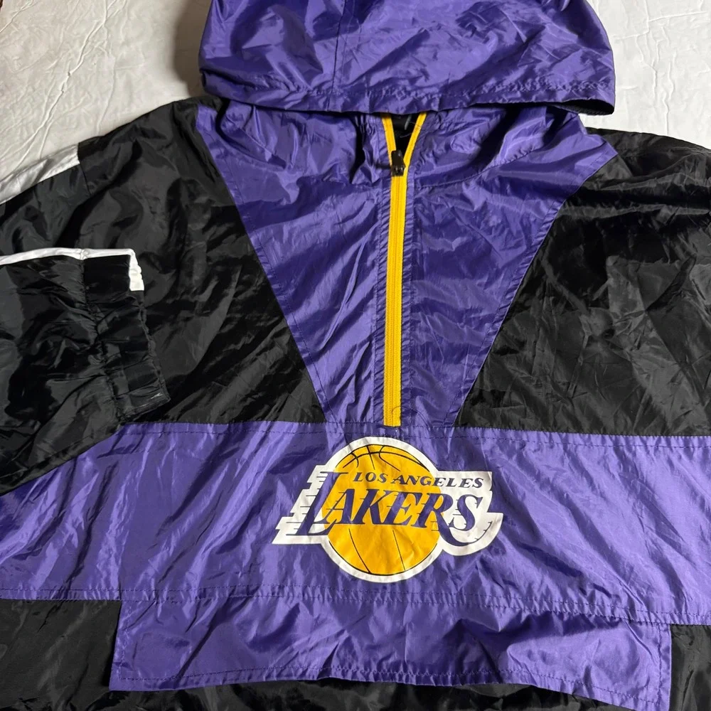 NBA Los Angeles Lakers Windbreaker Jacket Mens XL Purple Black Quarter Zip Hood - Picture 1 of 9